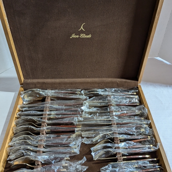 Flatware set VTG Rosewood & Bronze 36 pieces wood case MCM Jean Claude Utensils - Picture 1 of 16